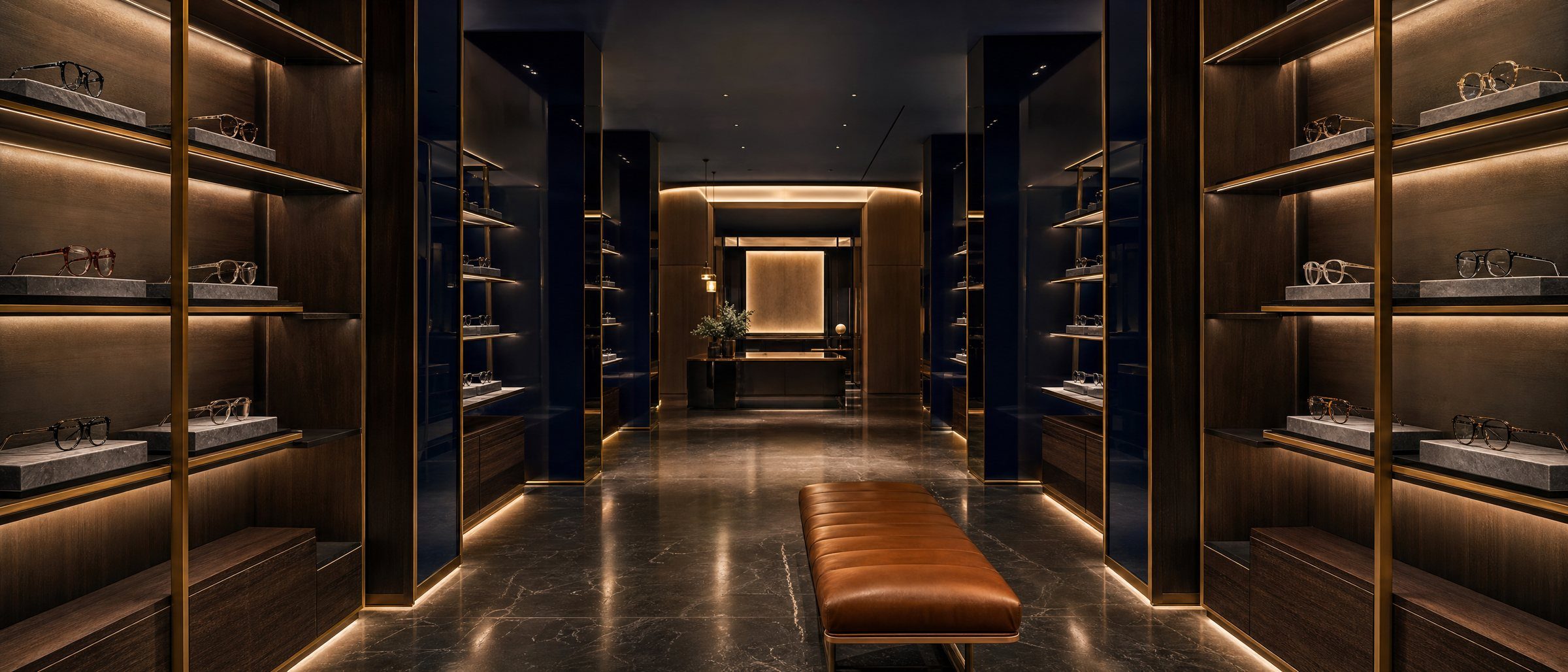 Backlit gallery of designer eyewear in a navy and brass optical boutique