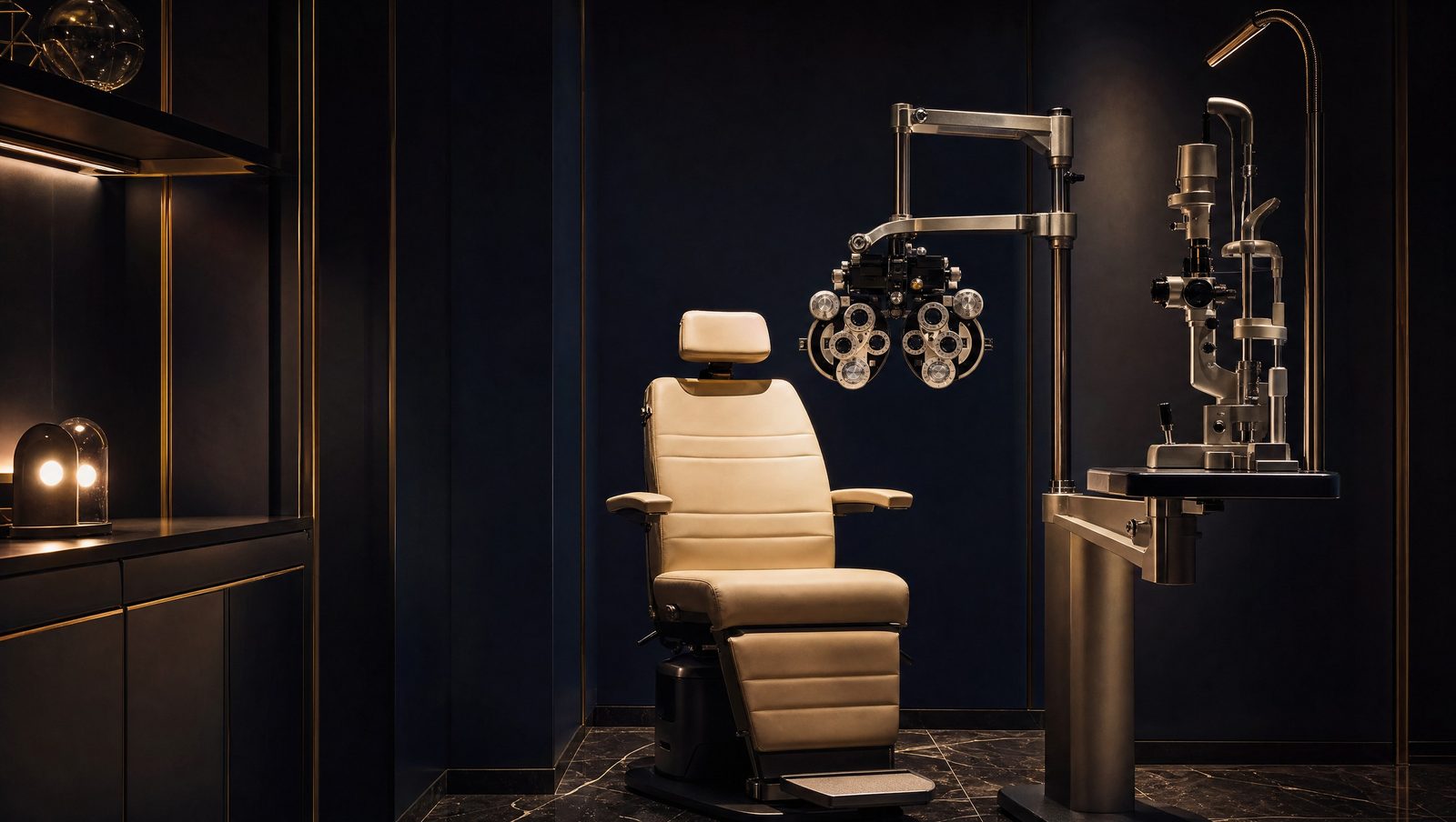 A modern exam lane with a phoropter, slit lamp, and ivory exam chair in a navy and brass room