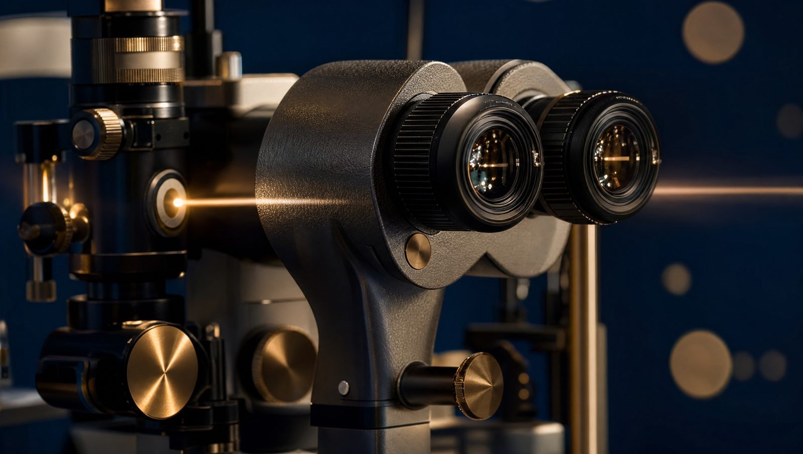 Close-up of a slit lamp biomicroscope with a beam of warm light