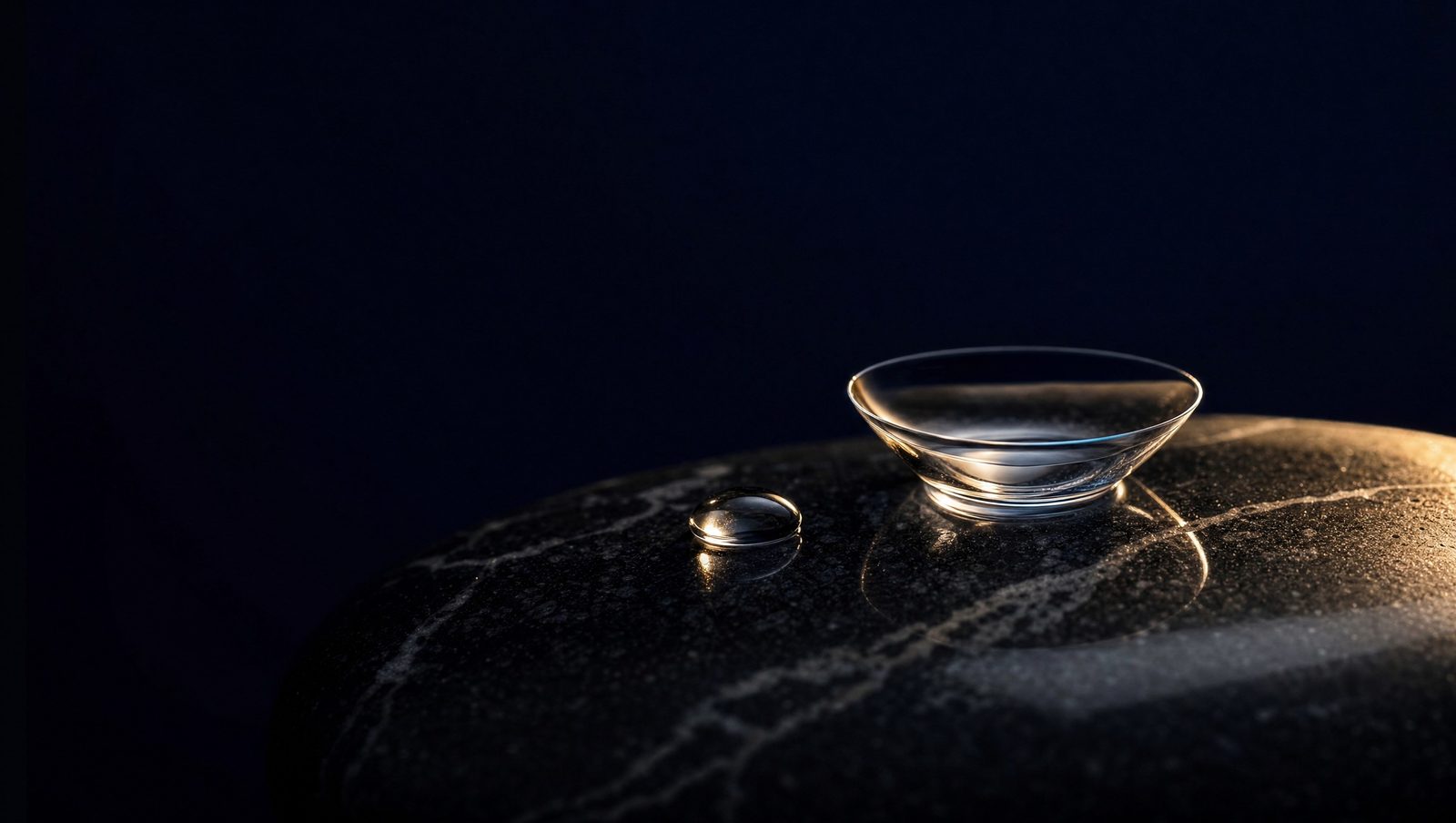 A single soft contact lens resting on polished black stone