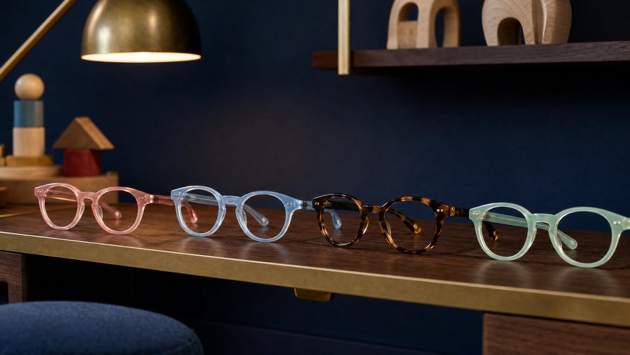 Children's eyeglass frames in soft colors on a walnut shelf