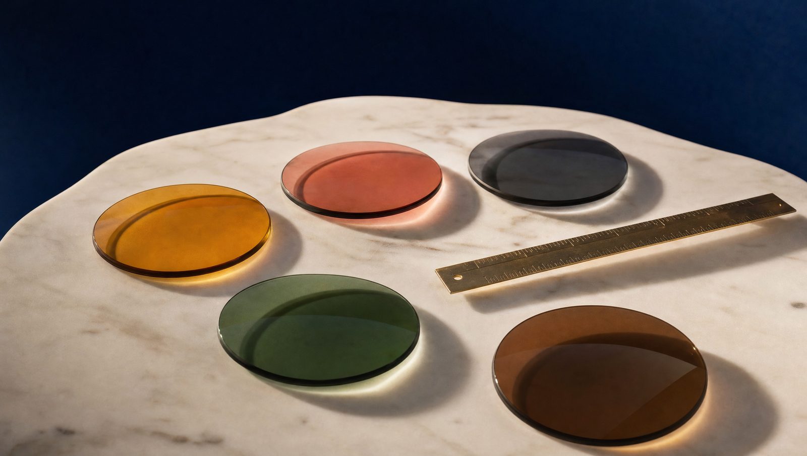 A fan of tinted sunglass lenses on white marble