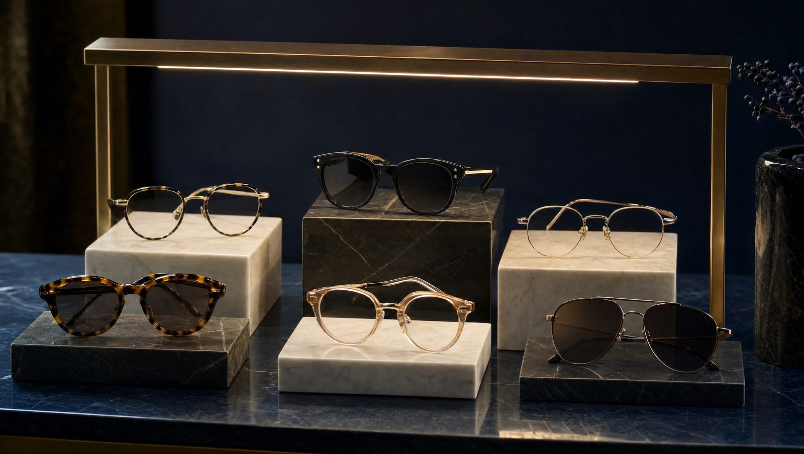Designer optical frames and sunglasses on marble plinths under a brass display light