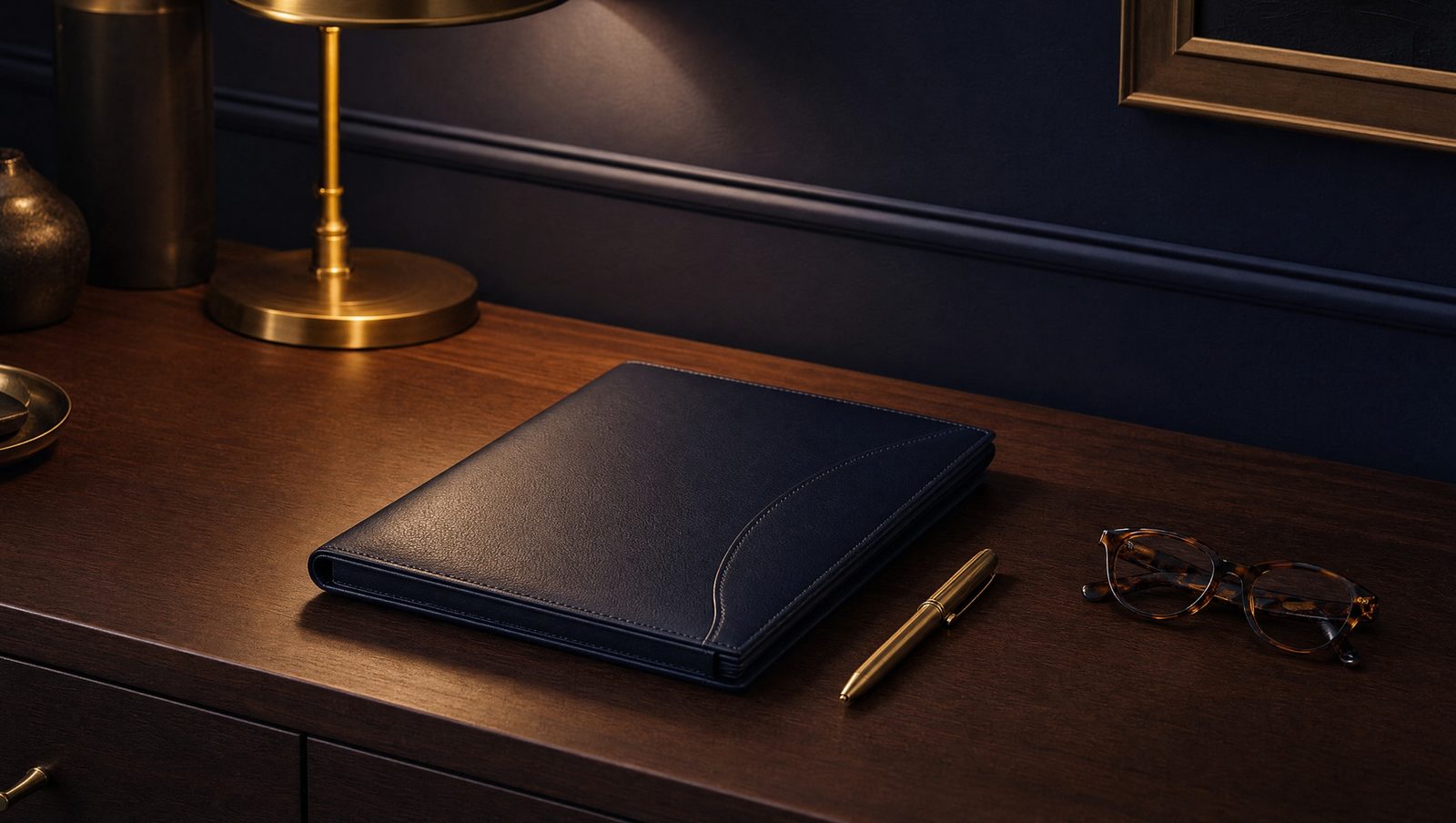 A navy leather folio, gold pen, and folded eyeglasses on a walnut desk