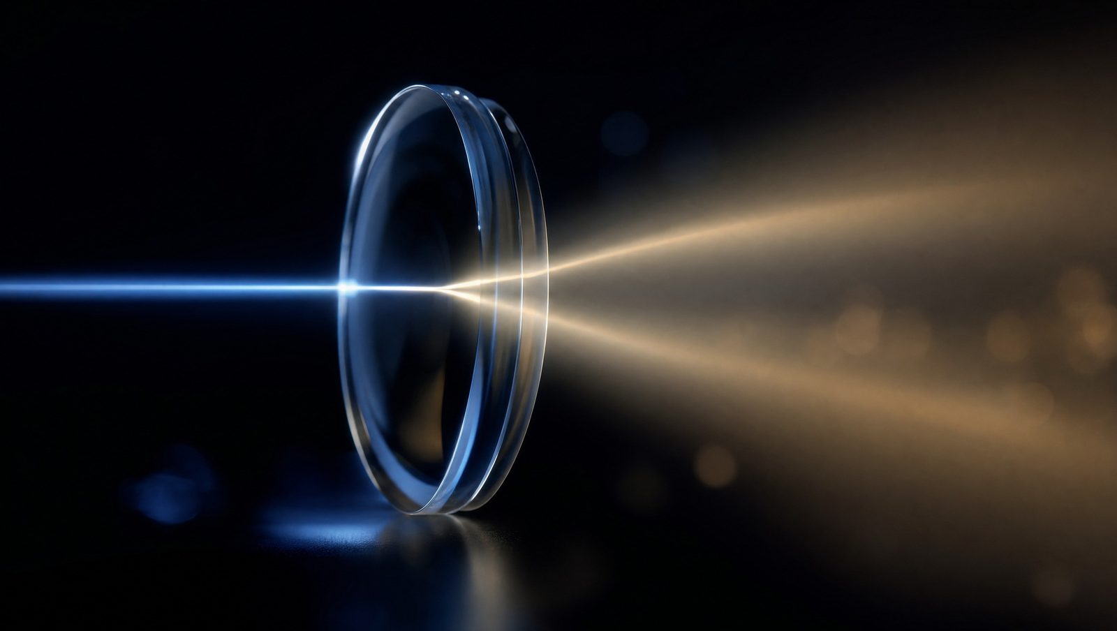 A beam of light refracting through a precision lens element
