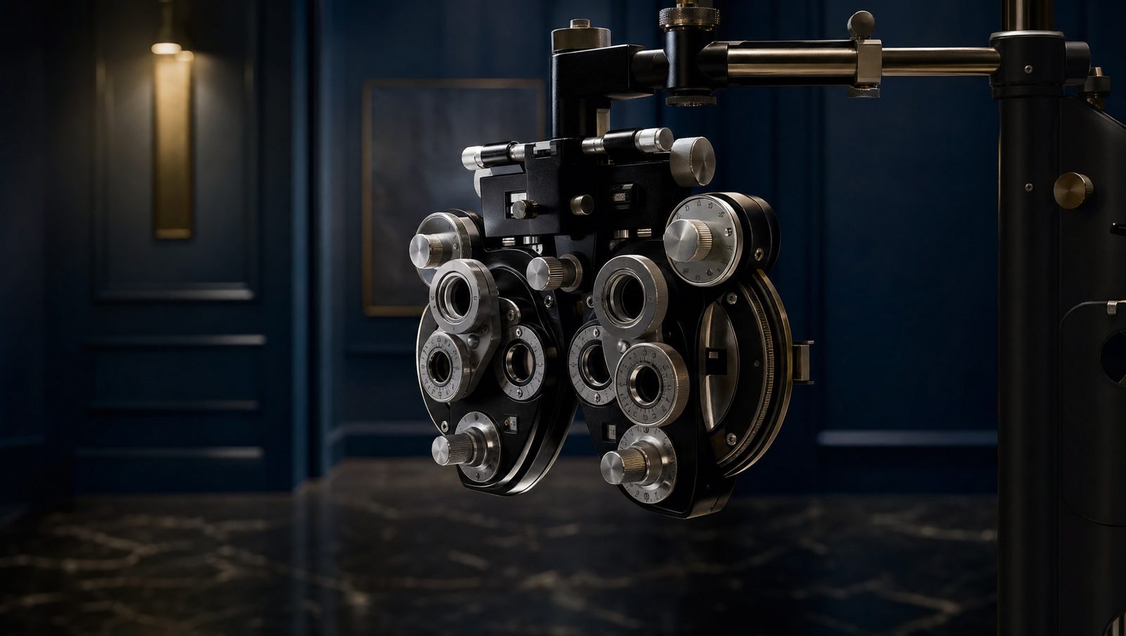 A phoropter, the instrument used to measure your prescription, in the exam room